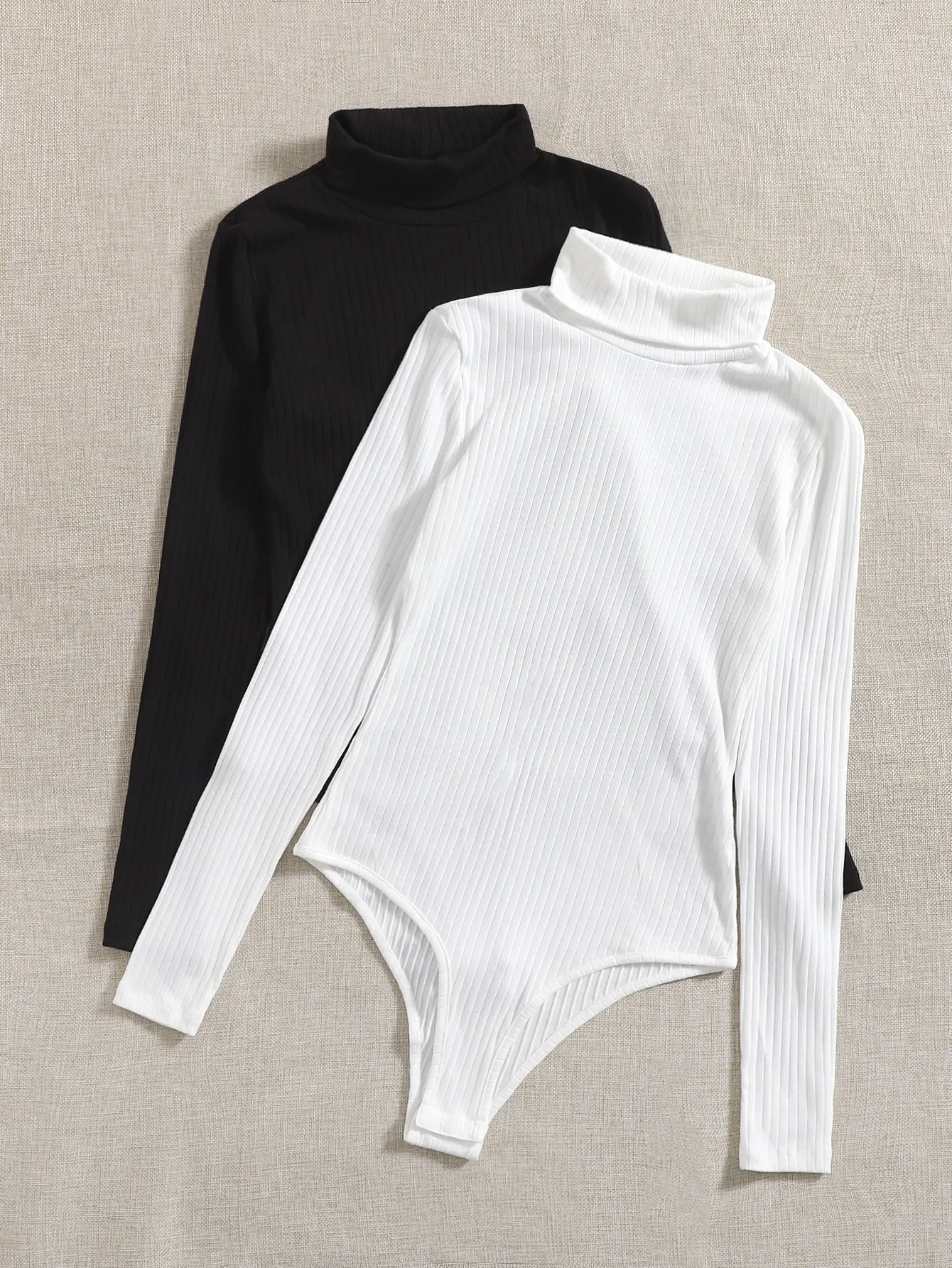 2pcs Turtle Neck Ribbed Knit Bodysuit