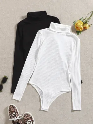 2pcs Turtle Neck Ribbed Knit Bodysuit