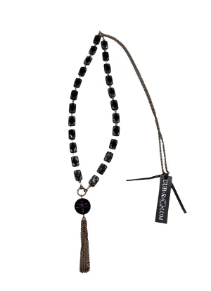 32" Black Dragonfly and Rectangular Bead Necklace with Chain Tassel--Czech Glass Beads