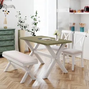 4 Pieces Farmhouse Rustic Wood Kitchen Dining Table Set with Upholstered 2 X-back Chairs and Bench,Gray Green White Beige