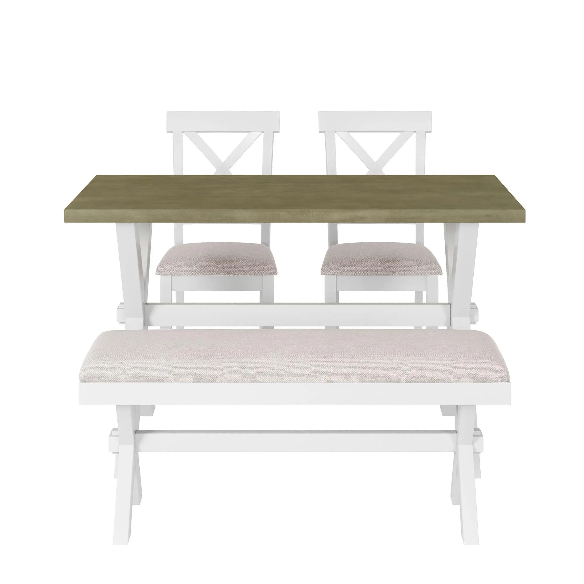 4 Pieces Farmhouse Rustic Wood Kitchen Dining Table Set with Upholstered 2 X-back Chairs and Bench,Gray Green White Beige