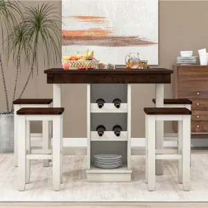 5-pieces Counter Height Dining Sets, Square Wood Table with 3-Tier Adjustable Storage Shelves and Wine Racks