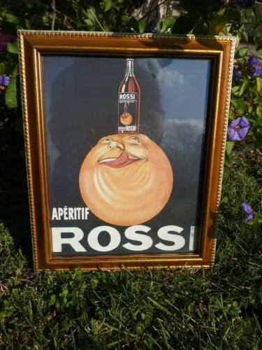 Ad Drink Aperitif blue swirl Rossi Orange Bottle Turin Italy gold tone Frame