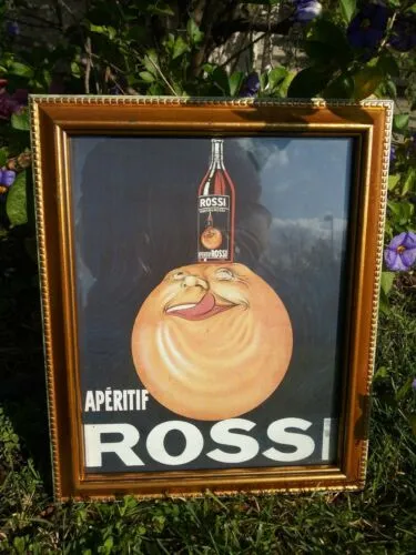 Ad Drink Aperitif blue swirl Rossi Orange Bottle Turin Italy gold tone Frame