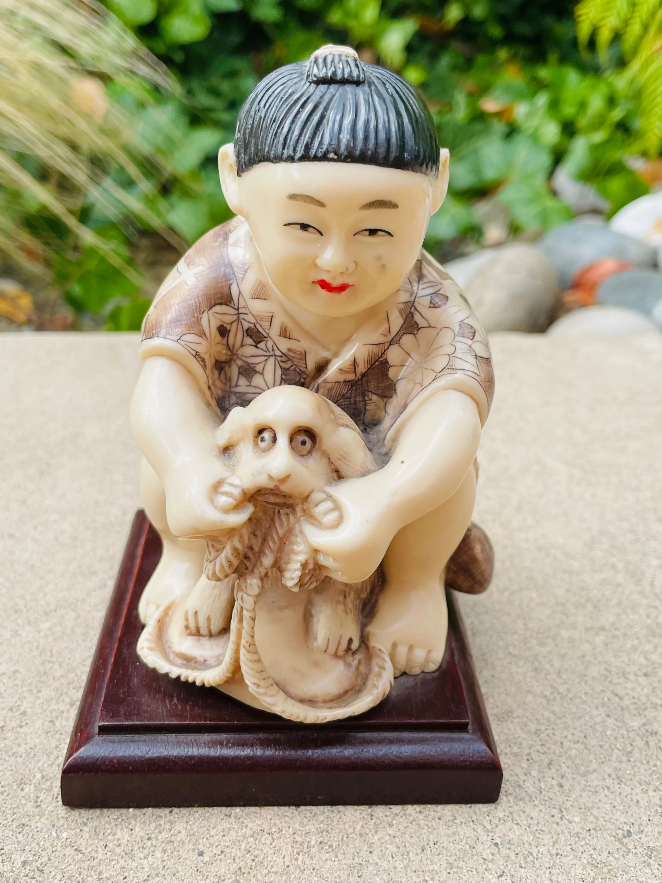 Antique Vintage Asian Oriental Woman Girl Dog Figurine Art Carved Resin Statue