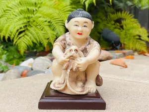 Antique Vintage Asian Oriental Woman Girl Dog Figurine Art Carved Resin Statue