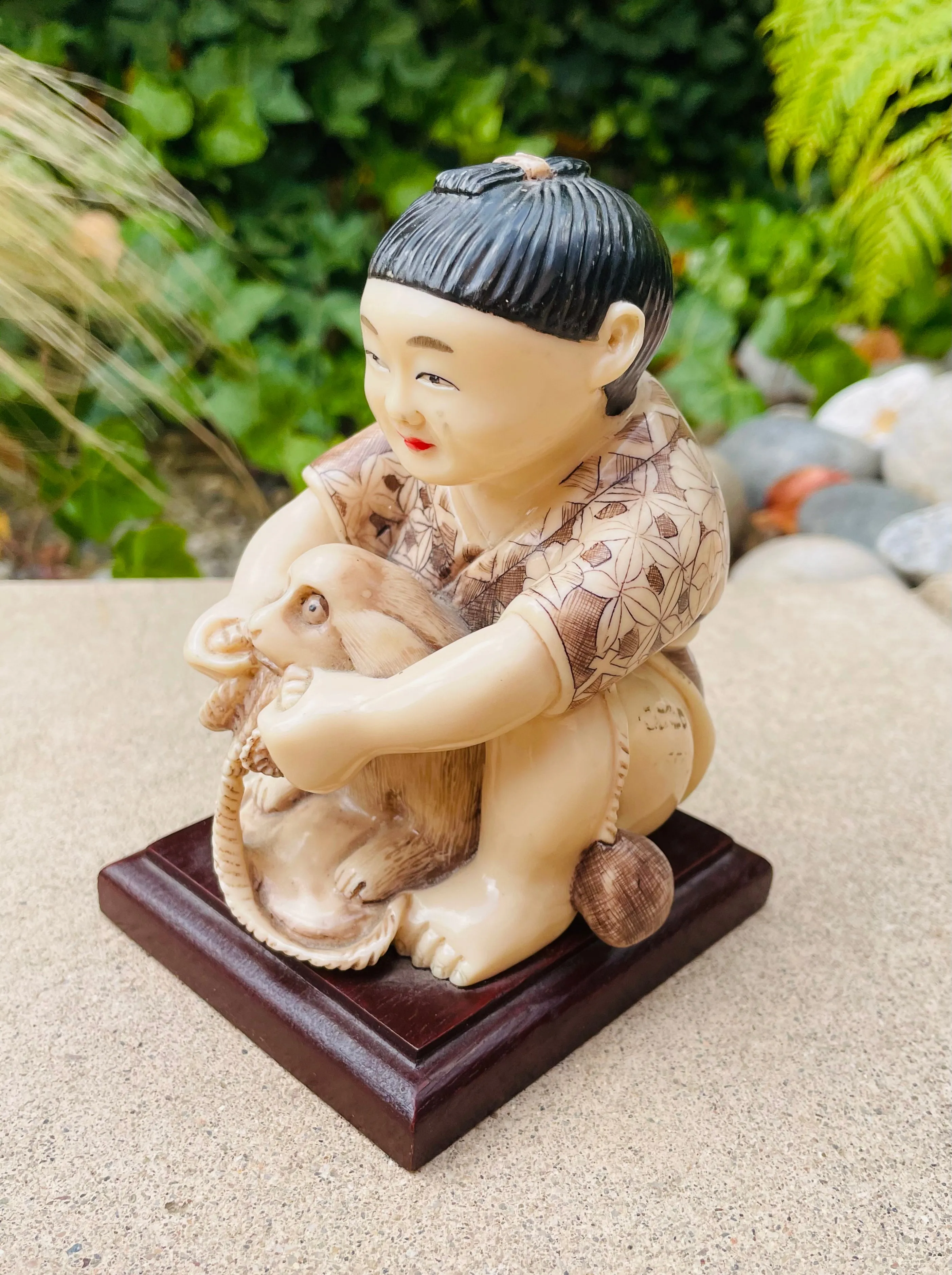 Antique Vintage Asian Oriental Woman Girl Dog Figurine Art Carved Resin Statue