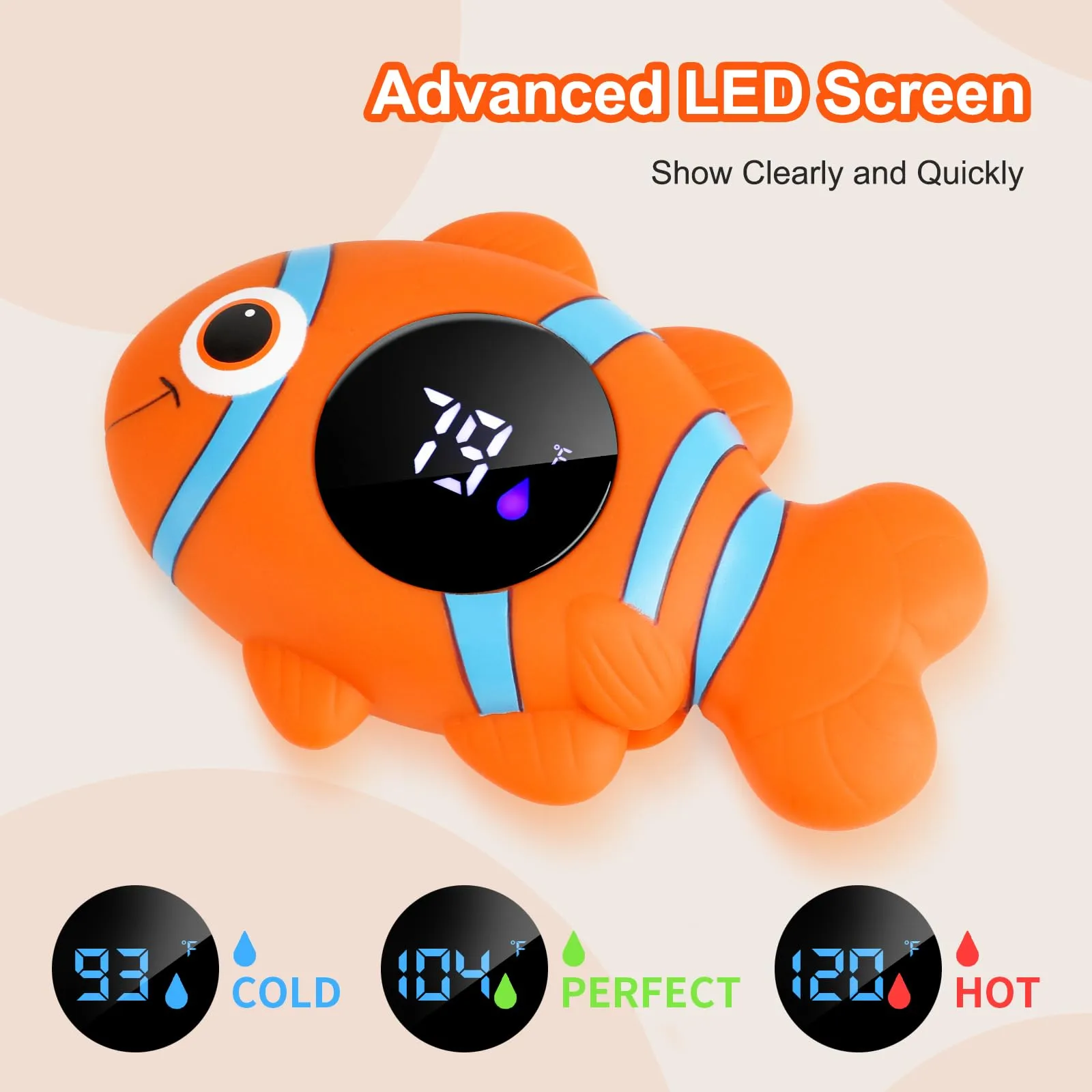 Baby Bath Thermometer,The Infant Baby Bath Floating Toy, Safety Temperature Water Thermometer, Baby Temperature Warning, LED Display Warning Thermometer, Baby Bath Essentials (Clownfish)