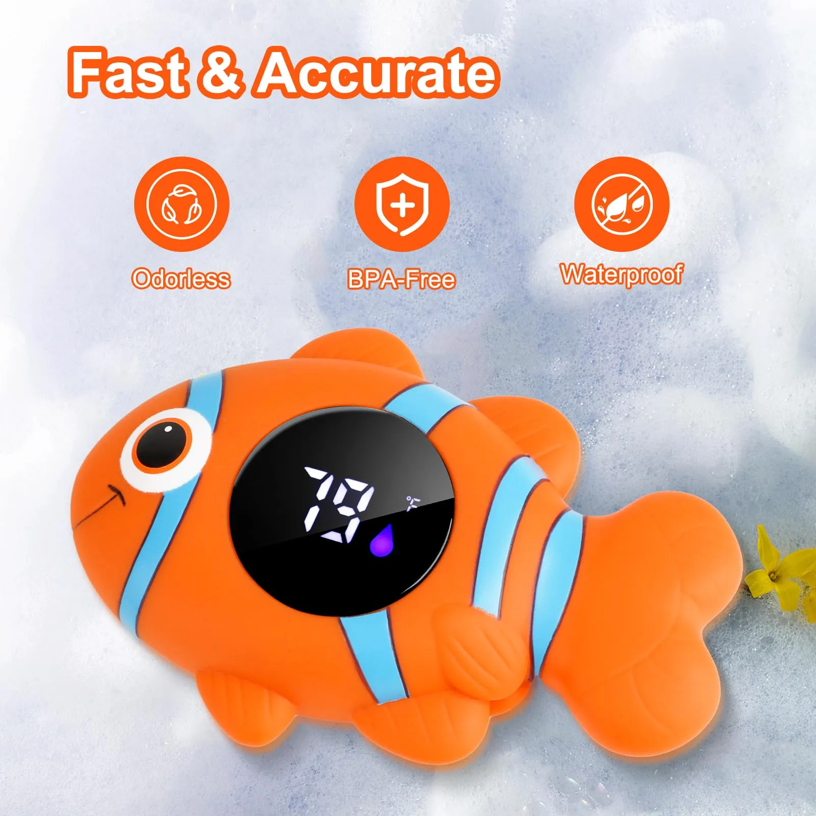 Baby Bath Thermometer,The Infant Baby Bath Floating Toy, Safety Temperature Water Thermometer, Baby Temperature Warning, LED Display Warning Thermometer, Baby Bath Essentials (Clownfish)