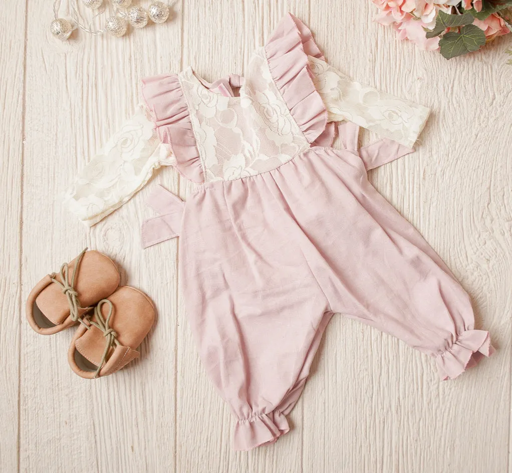 Baby Girls Elizabeth Dusty Pink Linen Jumpsuit