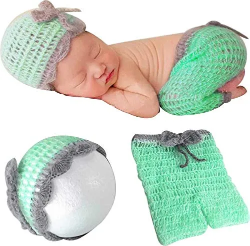 Babymoon Set of 2 | Bow Cap & Pent | Newborn Outfits| Baby Photography Props Costume | Green