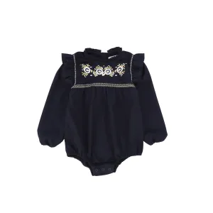 Bace Collection Navy Embroidery Ruffle Shoulder Romper