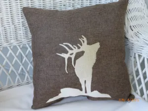 Burlap Accent Pillow, Embroidered Elk pillow, Lodge look wildlife pillow