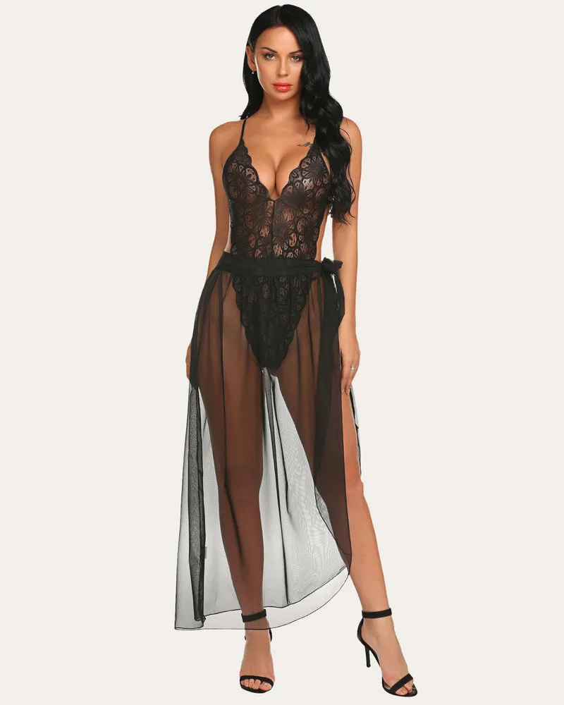 Deep V Lace Bodysuit & Mesh Skirt