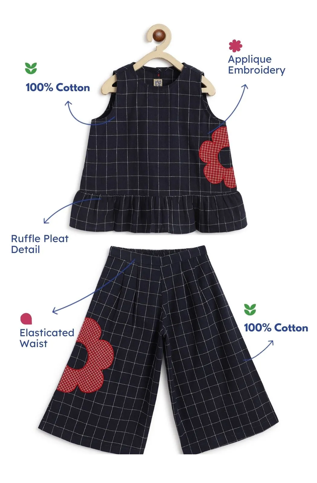 Girls Petal Plaid Co-ord Set - Blue