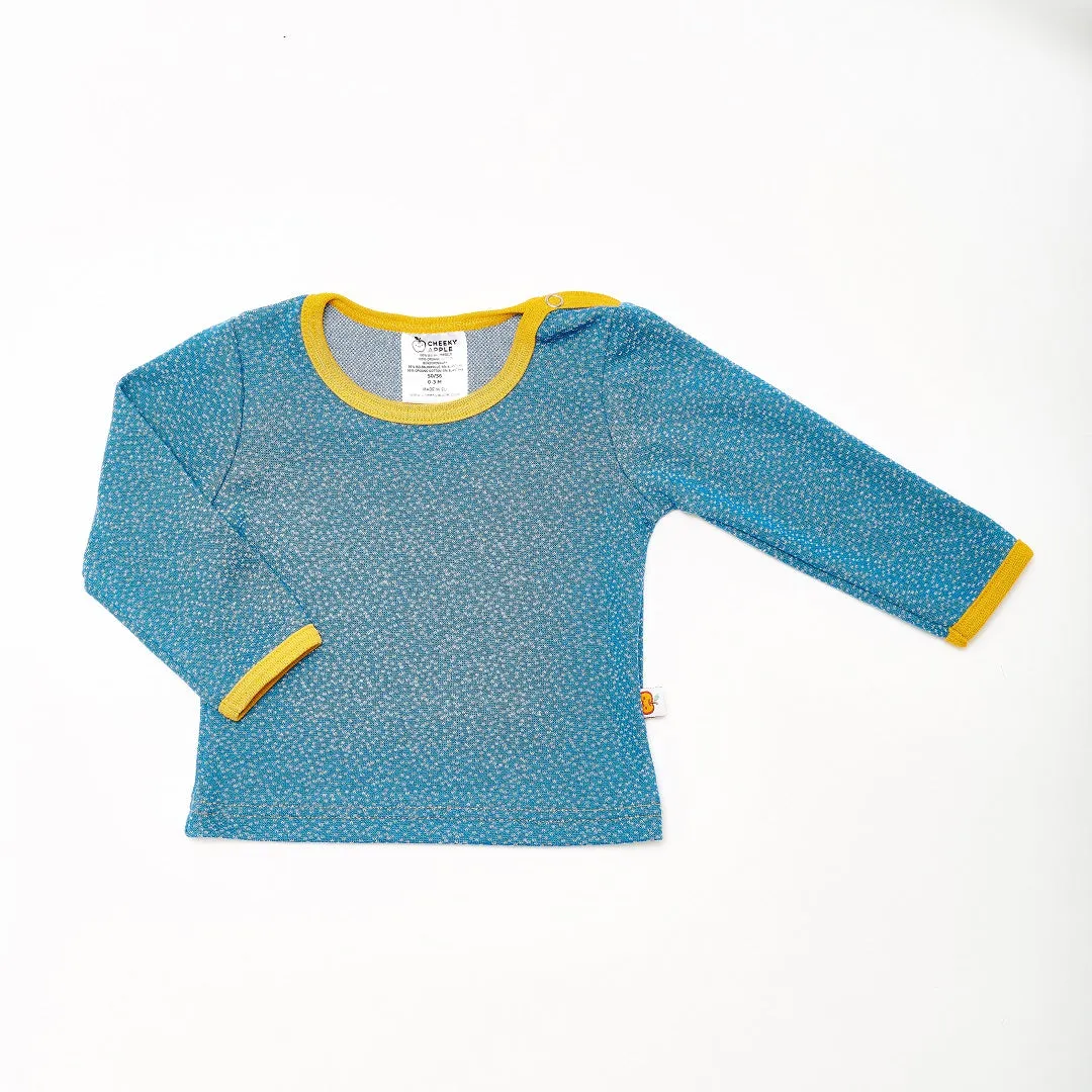 Long sleeve baby top "Dotties Blue/Mustard"