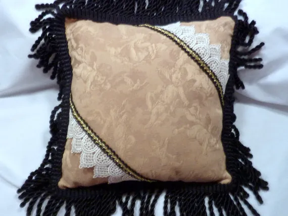 Set of 2 Decorative Pillows, Heavy Gold fabric with cherubs and black accents, Victorian pillows