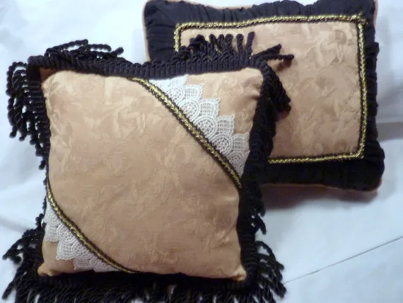 Set of 2 Decorative Pillows, Heavy Gold fabric with cherubs and black accents, Victorian pillows